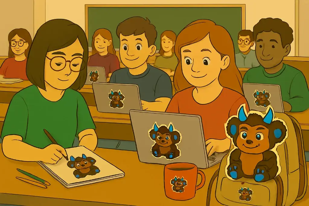 Student*innen sitzen im Klassenraum, mit Laptops, Blocks, Kaffeetassen und einem Rucksack, die alle Bilder vom MaKoMonsterchen tragen. Alle lächeln und sehen zufrieden aus.