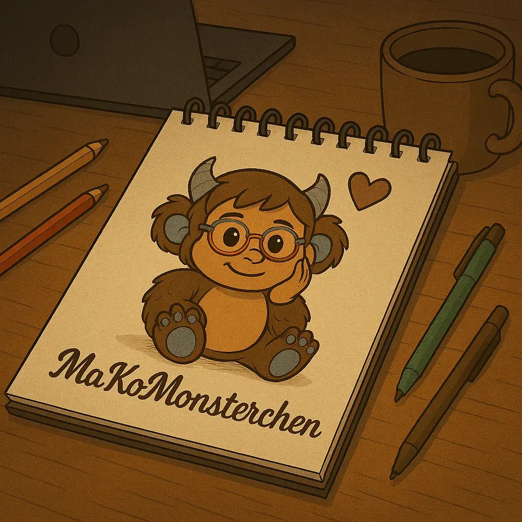 Das MaKoMonsterchen ist als Titelblatt eines Schreibblocks abgebildet. Es trägt eine Brille und lächelt, oben rechts ist ein Herz. Stifte liegen daneben, auch eine Kaffeetasse und ein Laptop sind zu sehen.