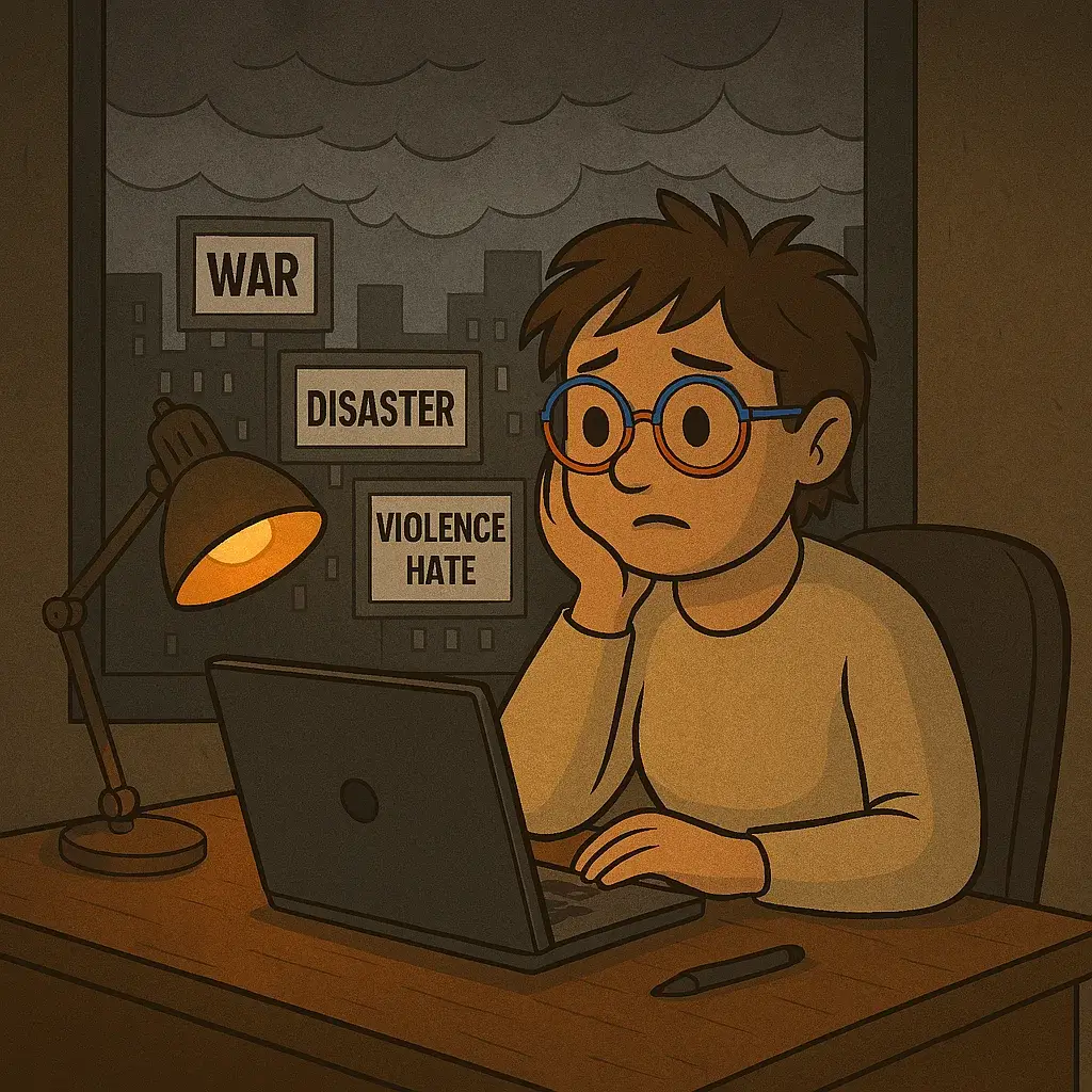 Ein junger Mensch sitzt in einem dunklen Raum vor einem Fenster, durch das graue Häuser und drei Schriftzüge "War" (Krieg), "Disaster" (Zerstörung) und "Violence Hate" (Gewalt, Hass) zu sehen sind. Eine Schreibtischlampe brennt und der junge Mensch sieht recht unglücklich aus.