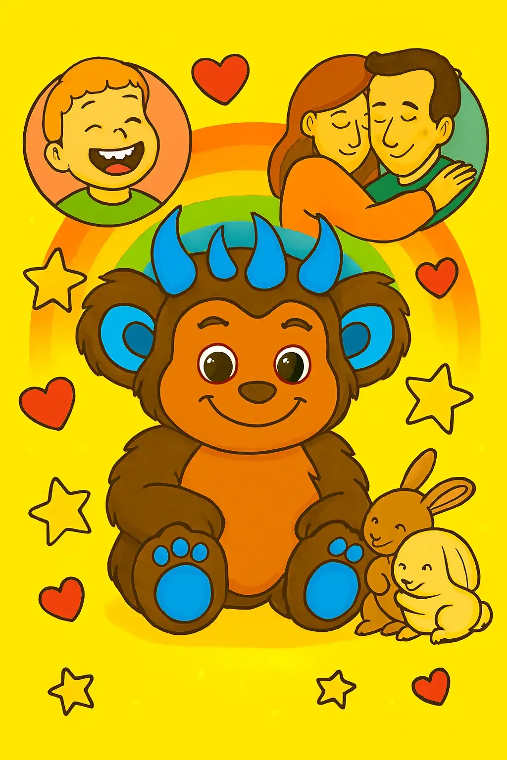 Das MaKoMonsterchen ist ein kleines, knuddeliges Monsterchen mit braunem Fell, orangefarbenem Gesicht und Bauch und vier hellblauen Hörnchen auf dem Kopf. Auch die Fußsohlen und das Innere der Ohren sind hellblau. Es hat große runde Kulleraugen, eine Stupsnase und lächelt offen und verschmitzt. Es ist umgeben von Herzchen, Sternchen, einem lachenden Kind, zwei Erwachsenen, die sich umarmen und zwei Hasen, die dich beieinander stehen und glücklich aussehen.