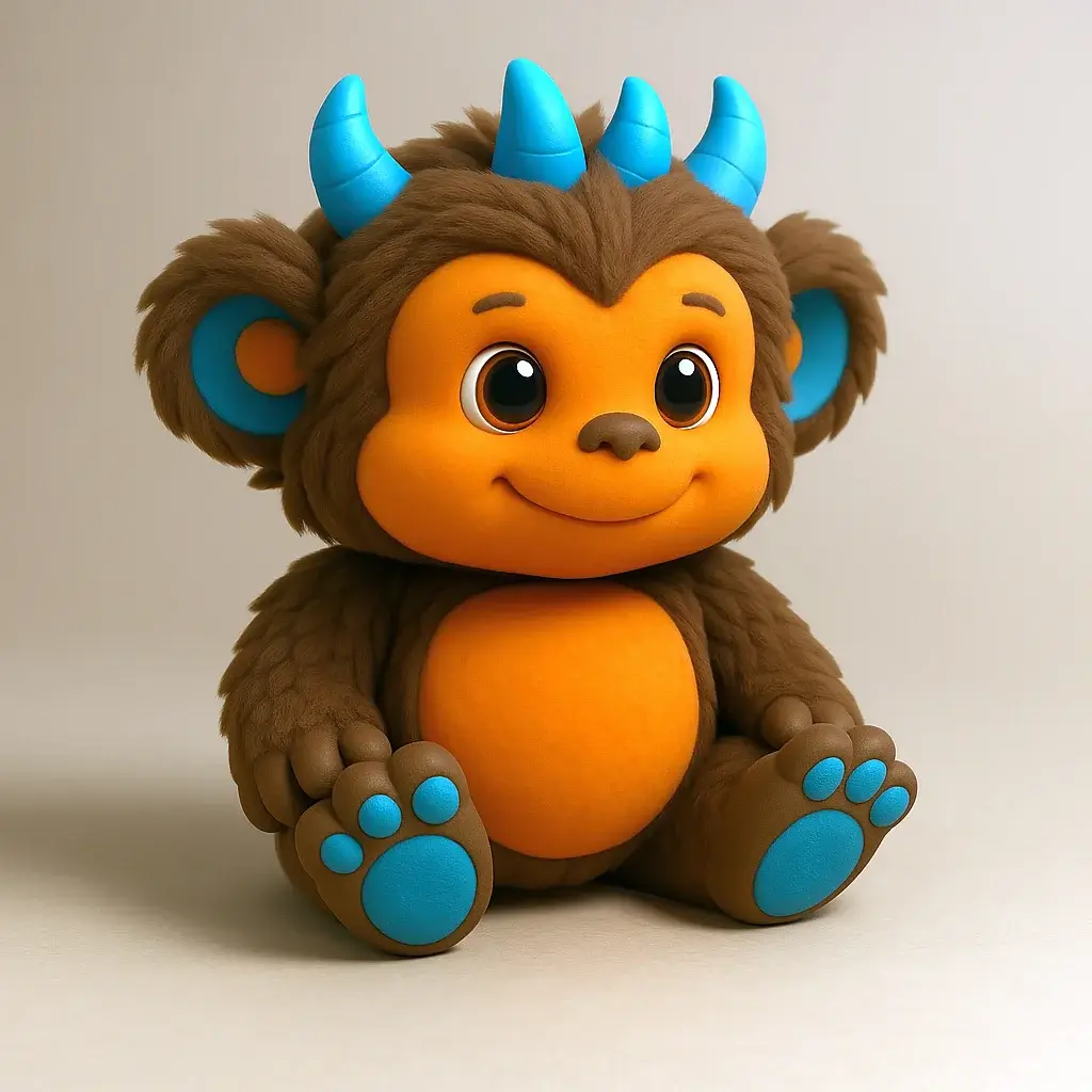 Ein kleines, knuddeliges Monsterchen mit braunem Fell, orangefarbenem Gesicht und Bauch und vier hellblauen Hörnchen auf dem Kopf. Auch die Fußsohlen und das Innere der Ohren sind hellblau. Es hat große runde Kulleraugen, eine Stupsnase und lächelt offen und verschmitzt.