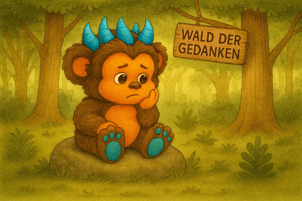 Das MaKoMonsterchen grübelt Ein Fantasie-Moster mit 5 blauen Hörnern und kuscheligem Pelz sitzt traurig in einem Wald, ein Schild sagt: "Wald der Gedanken"