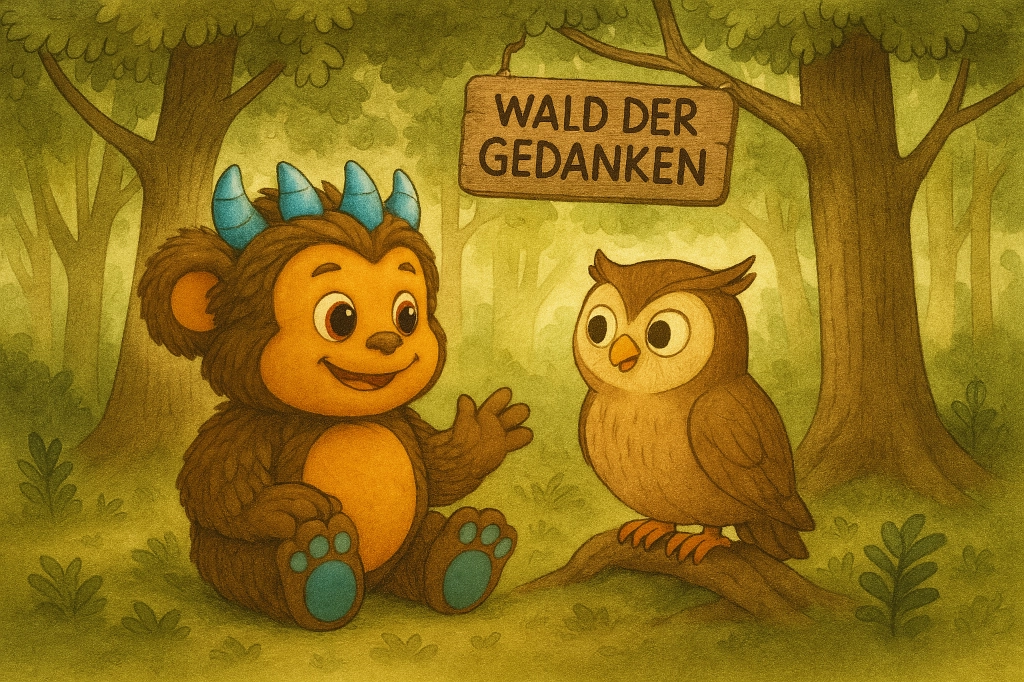 Das MaKoMonsterchen spricht mit der Eule Empathia Das Monsterchen sitzt neben einer Eule, die fast so groß ist, wie es selber. Jetzt lächelt es wieder.